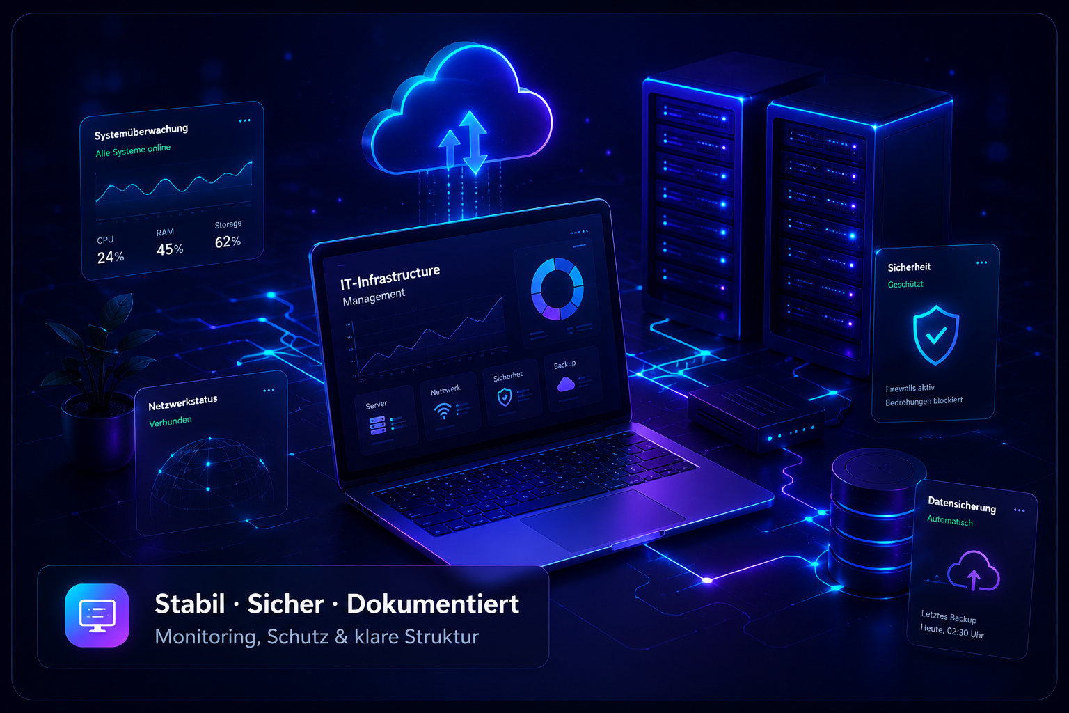 Moderne IT-Infrastruktur mit Servern, Netzwerk, Firewall, Cloud-Sicherheit und Monitoring