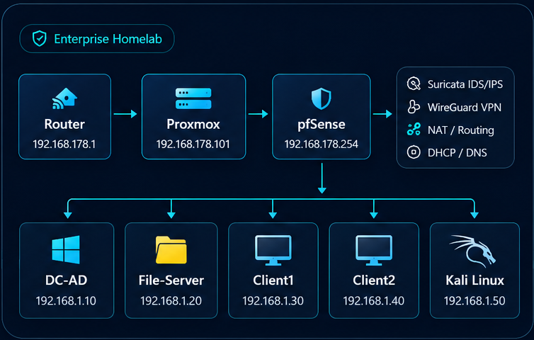 Virtuelle Unternehmensinfrastruktur Architektur mit Router, Proxmox, pfSense, DC-AD, File-Server und Clients